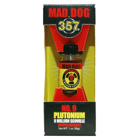 Sep 1, 2022 · Mad Dog 357 Plutonium 28gm. A single atom of plutonium is capable of immense heat and destruction. This pepper extract is one of the hottest and purest in the entire world. Buy Mad Dog 357 Plutonium 9 Million Scoville Pepper Extract 28gm from Pepes Mexican and experience the worlds hottest extract. 